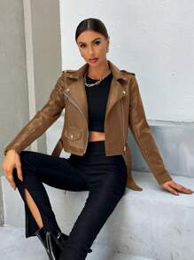 SHEIN Essnce Fashionable Solid Color Belted Cropped Jacket, Autumn - Brown - View 1