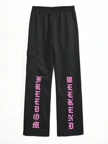 Manfinity EMRG Men Letter Graphic Flap Pocket Side Sweatpants - Black - View 2