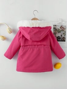 SHEIN 女小童腰部抽繩毛茸邊毛絨內襯連帽外套不帶T恤 - 玫紅色 - 查看 2