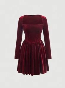 SHEIN MOD Vestido de terciopelo con cuello cuadrado sólido y elegante