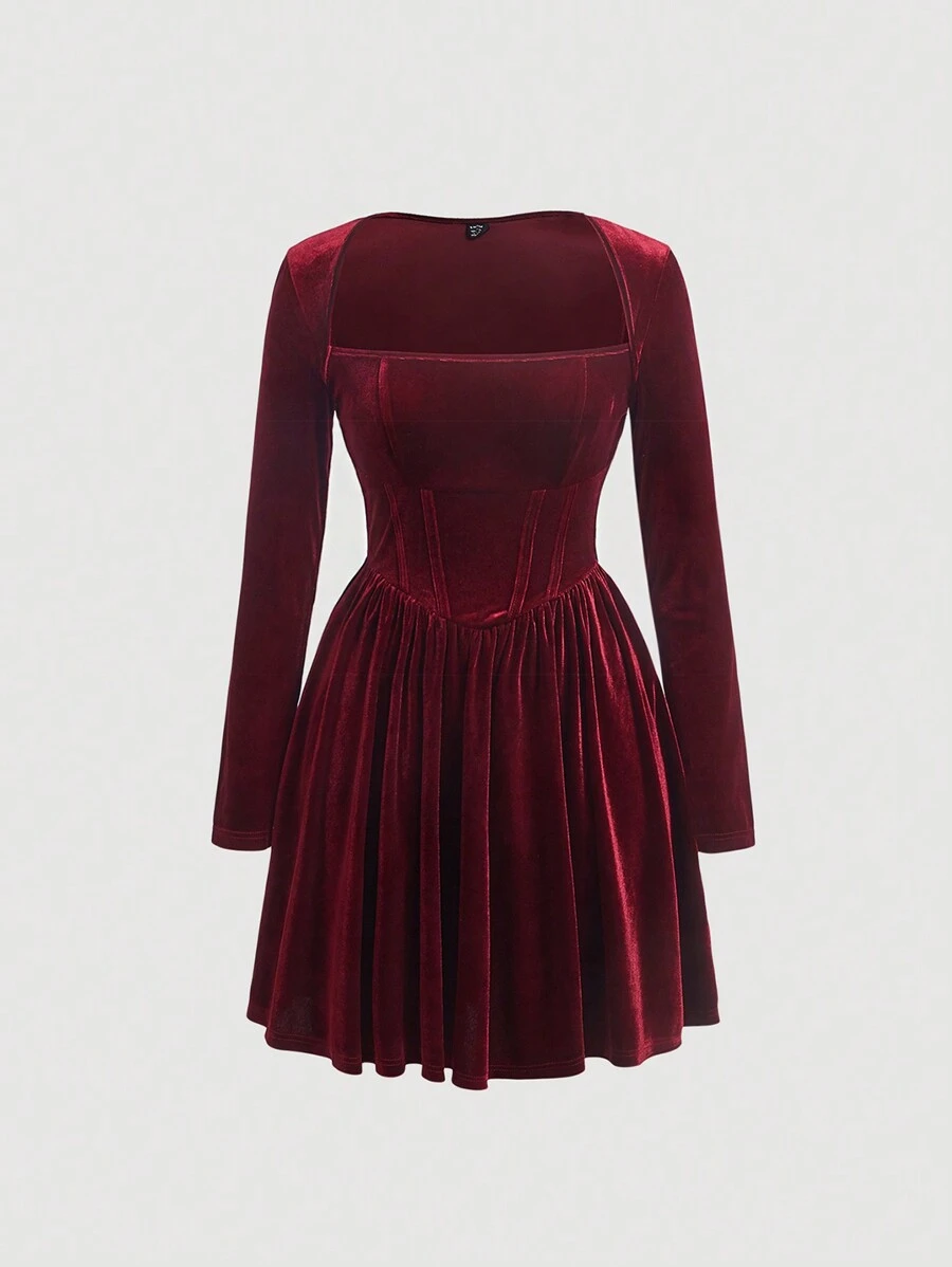 SHEIN MOD Vestido de terciopelo con cuello cuadrado sólido y elegante