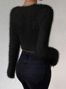 Allurite 纯色V领短款毛绒毛衣，长袖针织套头衫，秋冬毛衣 - 黑色 - 查看 2