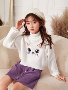 SHEIN Tween Girls Cartoon Pattern Turtleneck Drop Shoulder Sweater - White - View 7
