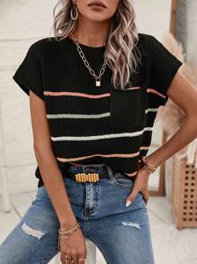 SHEIN LUNE Striped Pattern Pocket Patched Batwing Sleeve Knit Top - Multicolor - View 4
