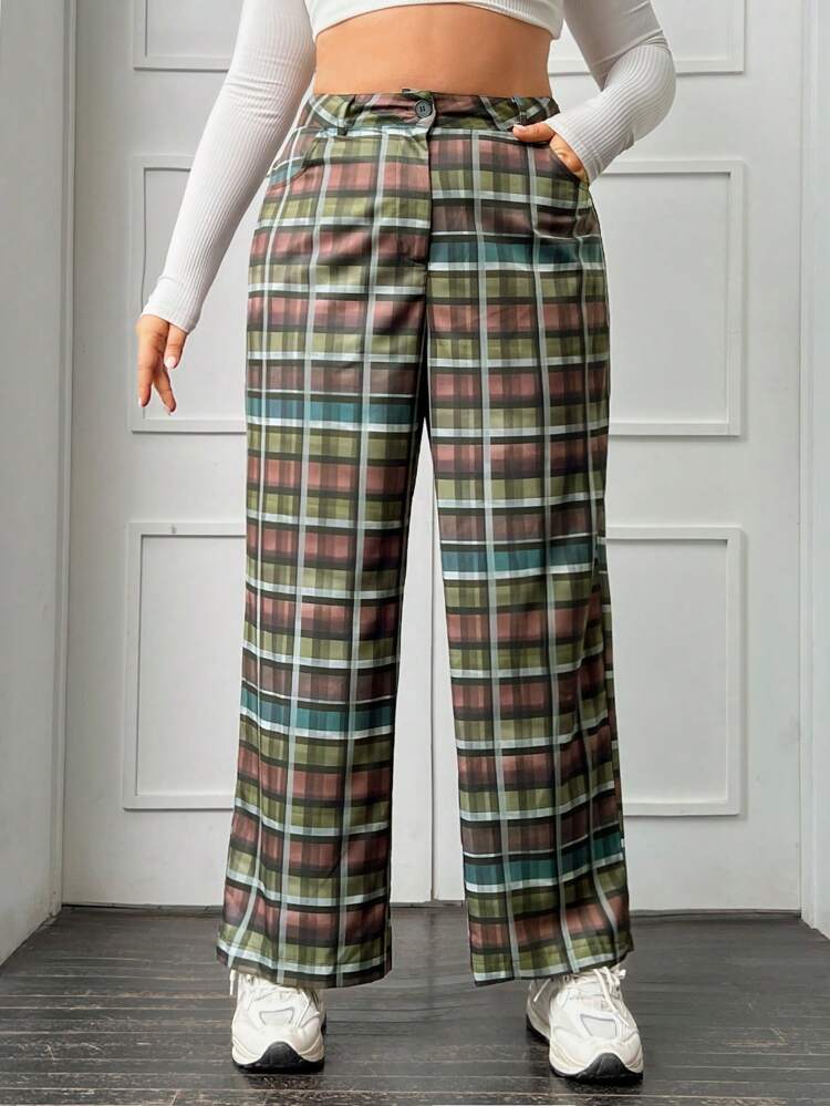 Plus Plaid Print Slant Pocket Pants Fall Cloth For Women