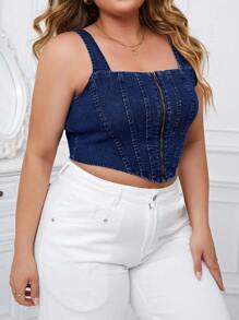 SHEIN Essnce Plus Zip Up Bandana Hem Crop Denim Top - Medium Wash - View 6