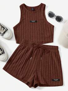 Muchica Letter Patched Detail Tank Top & Drawstring Waist Shorts - Chocolate Brown - View 1