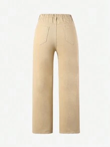 女大童蝴蝶印花破洞牛仔褲 - 卡其色 - 查看 2