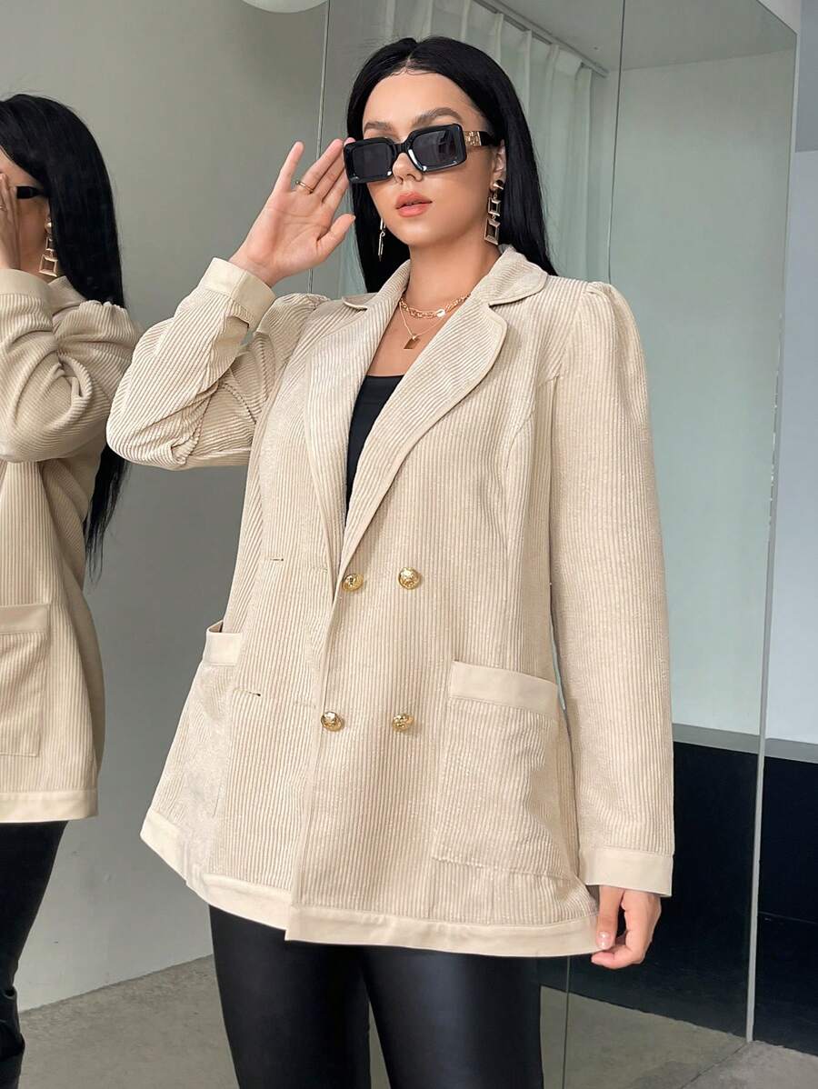 SHEIN Privé Plus Double Breasted Pocket Patched Blazer - Apricot - View 1