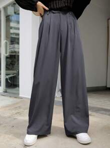 DAZY High Waist Fold Pleated Trousers - Dark Grey - View 4