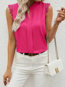 SHEIN Clasi Guipure Lace Panel Notched Neckline Blouse - Red Violet - View 4