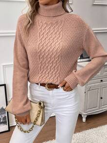 SHEIN Clasi 高領麻花編織落肩袖套頭毛衣 - 藕粉色 - 查看 5