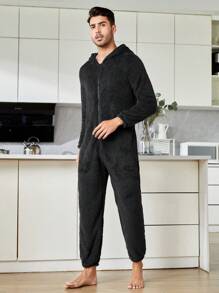 Bộ đồ ngủ liền thân có mũ trùm đầu kéo khóa dành cho nam, mùa thu - màu đen - Xem 6