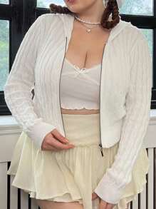 SHEIN Qutie Plus Zip Up Cable Knit Cardigan - White - View 3