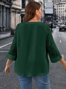 SHEIN Clasi Plus Contrast Lace Notched Neckline Blouse - Dark Green - View 2
