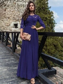 MIUSOL 花卉蕾丝雪纺荷叶边长款连衣裙，优雅女士礼服，正式礼服，适合婚礼宾客、毕业典礼、晚宴及其他场合。 - 紫色 - 查看 5