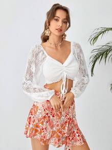 SHEIN WYWH Contrast Lace Drawstring Front Top