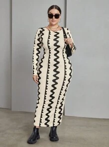 SHEIN Essnce 大碼幾何印花緊身洋裝 - 彩色 - 查看 6