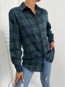 SHEIN Unity 格紋印花前紐扣襯衫 - 綠色 - 查看 6