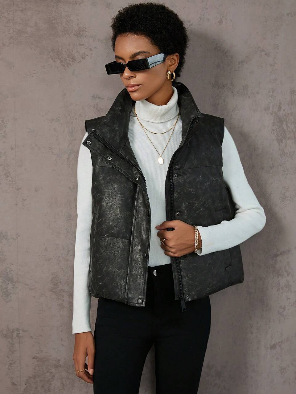 Zip Up PU Leather Vest Padded Padded Coat Clothes Winter