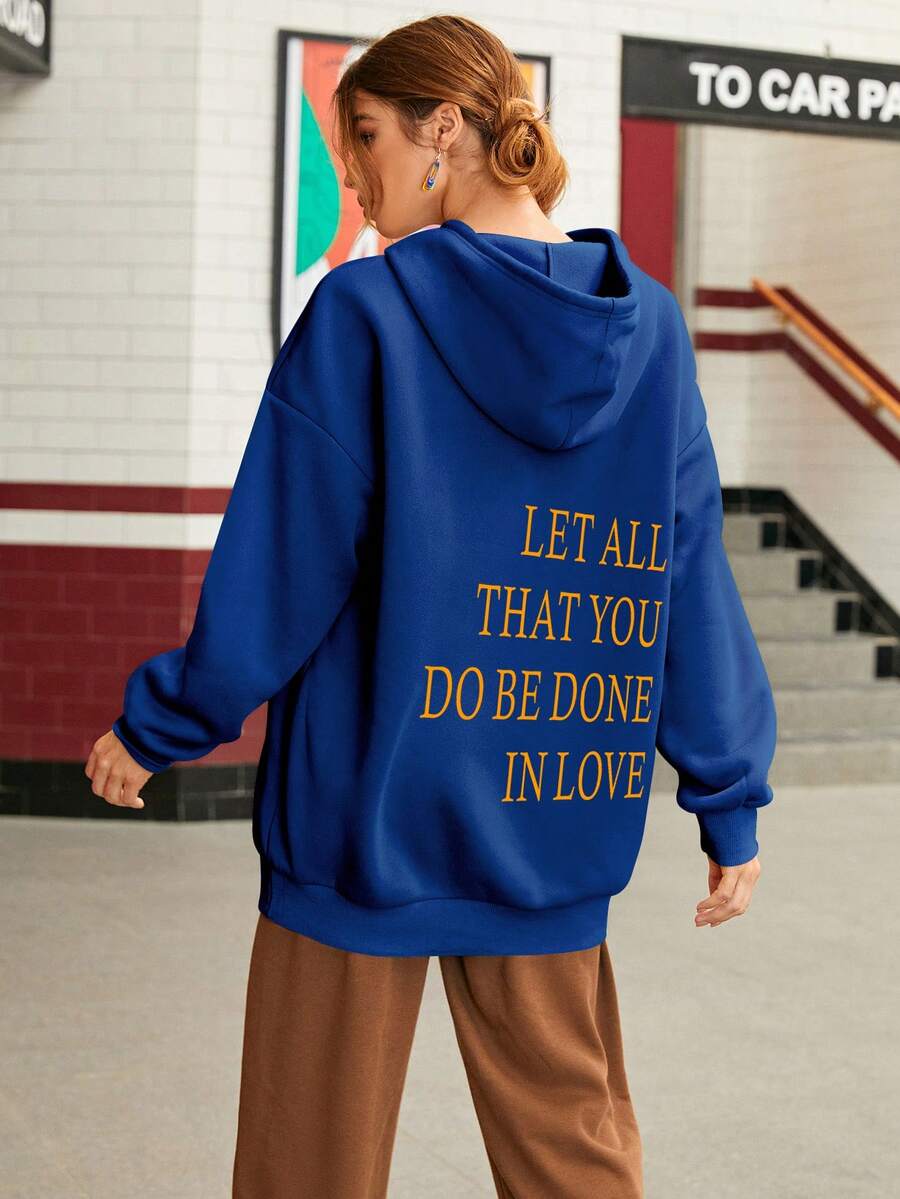 SHEIN EZwear Slogan Graphic Drop Shoulder Drawstring Thermal Lined Hoodie - Royal Blue - View 1