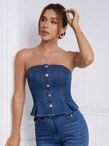 SHEIN Frenchy Blusa feminina jeans tomara que caia minimalista de cor sólida - Azul - Ver 4