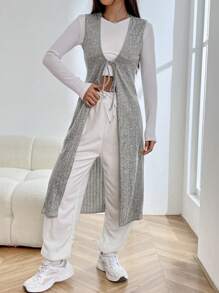 SHEIN EZwear 1 chiếc áo vest có nút thắt phía trước - Xám - Xem 6