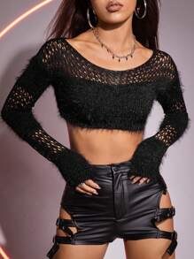 SHEIN ICON Hollow Out Fuzzy Crop Sweater - Black - View 1