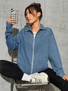 SHEIN EZwear Drop Shoulder Denim Coat - Blue - View 3