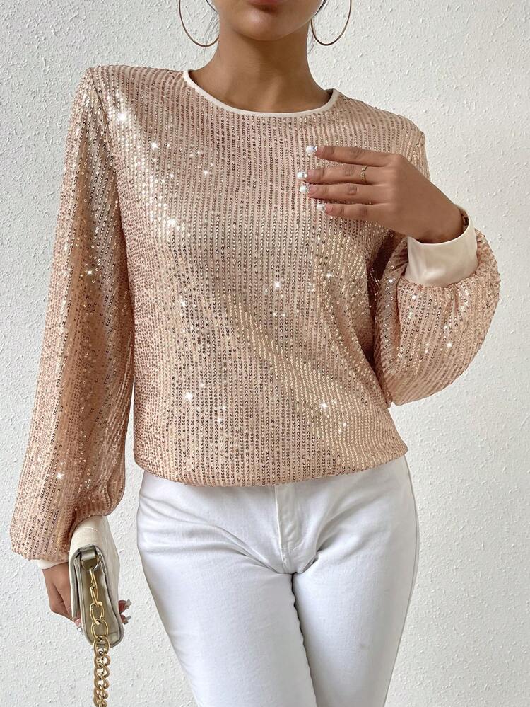 Lantern Sleeve Sequin Blouse Fall Cloth For Women