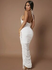 SHEIN SXY Ren Up Side Xù Halter Neck Không lưng Váy bodycon - trắng - Xem 2