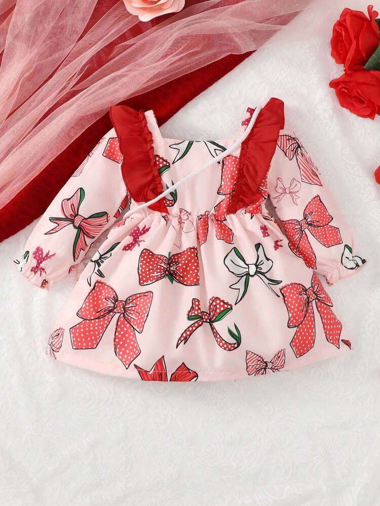 Baby Girl Bow Print Ruffle Trim Dress With Bag