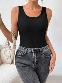 SHEIN LUNE Women's Solid Color Crew Neck Ribbed Casual Fleece Top - Black - View 3