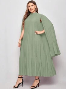 SHEIN Belle Plus Solid Pleated Cape Sleeve Dress - Mint Green - View 5