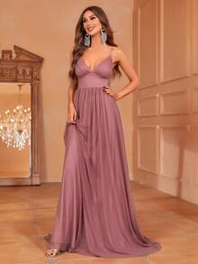 Faeriesty Solid Plunging Neck Sleeveless Cami Dress - Dusty Pink - View 6