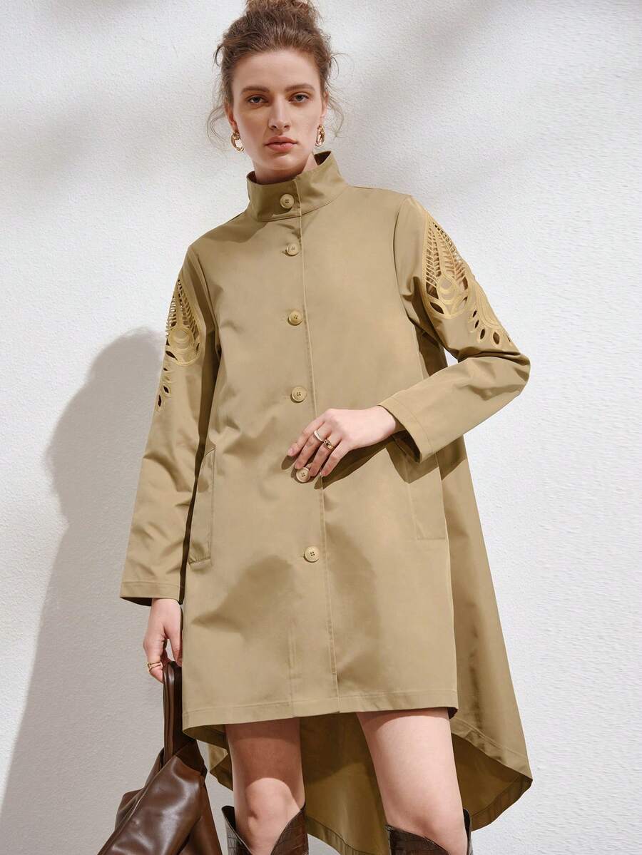 SHEIN Essnce 小高領前紐扣高低下擺外套 - 駝色 - 查看 1