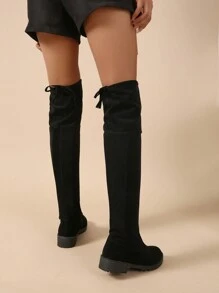 秋冬季低跟有彈性女式過膝絨面靴,顯瘦效果 - 黑色 - 查看 5