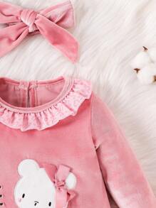 Baby Girl Cartoon Embroidery Ruffle Trim Jumpsuit & Headband - Pink - View 4