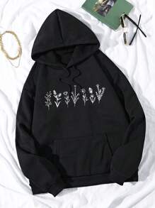 SHEIN EZwear Floral Print Kangaroo Pocket Drawstring Thermal Hoodie - Black - View 1