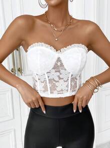 SHEIN Privé 褶邊飾邊緊身胸衣短款蕾絲抹胸上衣 - 白色 - 查看 6