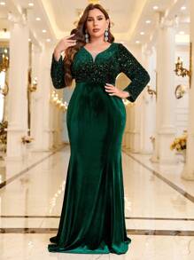 Plus Contrast Sequin Mermaid Hem Velvet Dress - Green - View 1