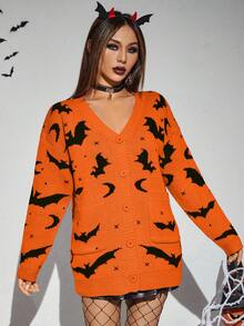 PUNK Cárdigan Halloween con patrón de murciélago de hombros caídos con botón delantero - Naranja - Ver 6