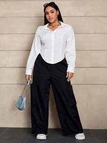 SHEIN EZwear Plus Solid Button Front Shirt - White - View 3