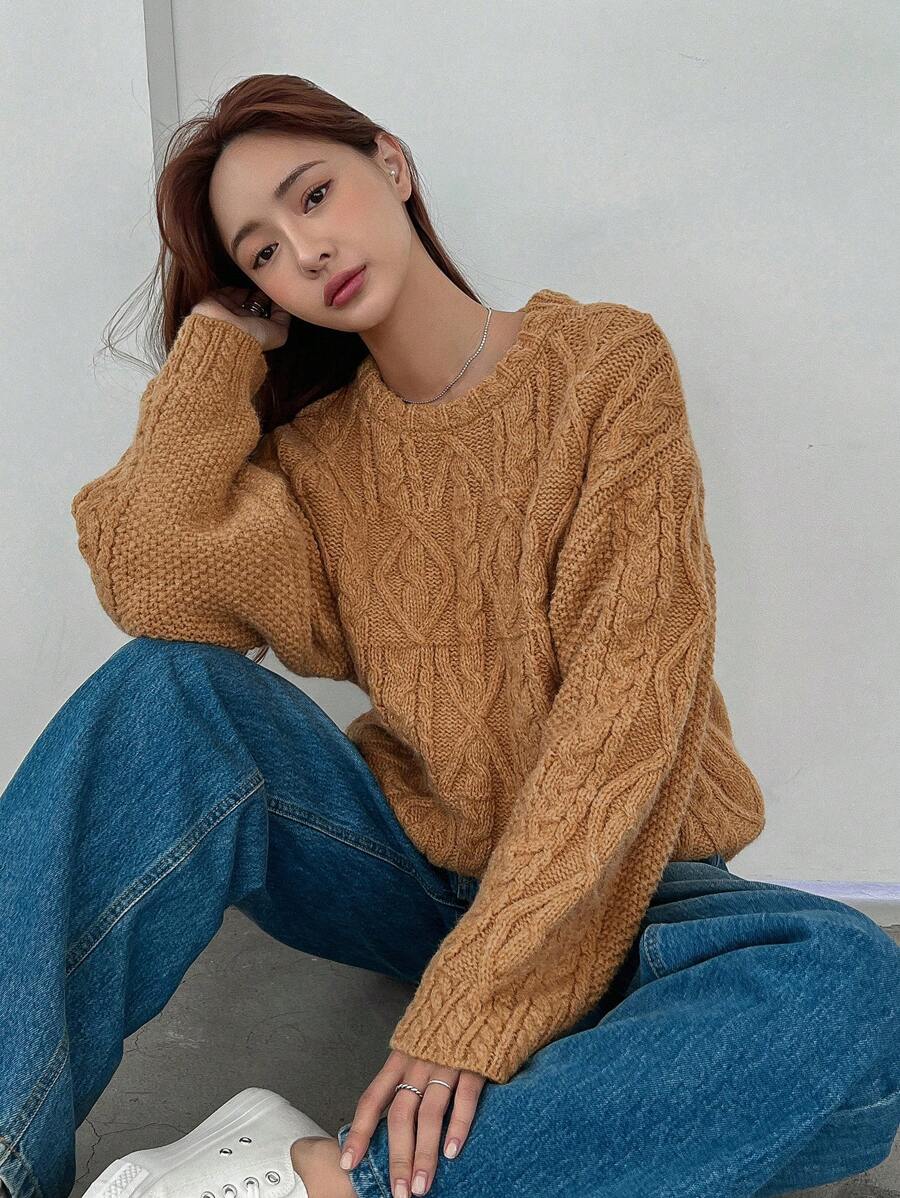 DAZY Áo len thả vai dệt kim cáp, Quần áo mùa thu - Màu vàng - Xem 1