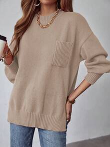 SHEIN LUNE 素色落肩袖口袋貼布套頭毛衣 - 卡其色 - 查看 6