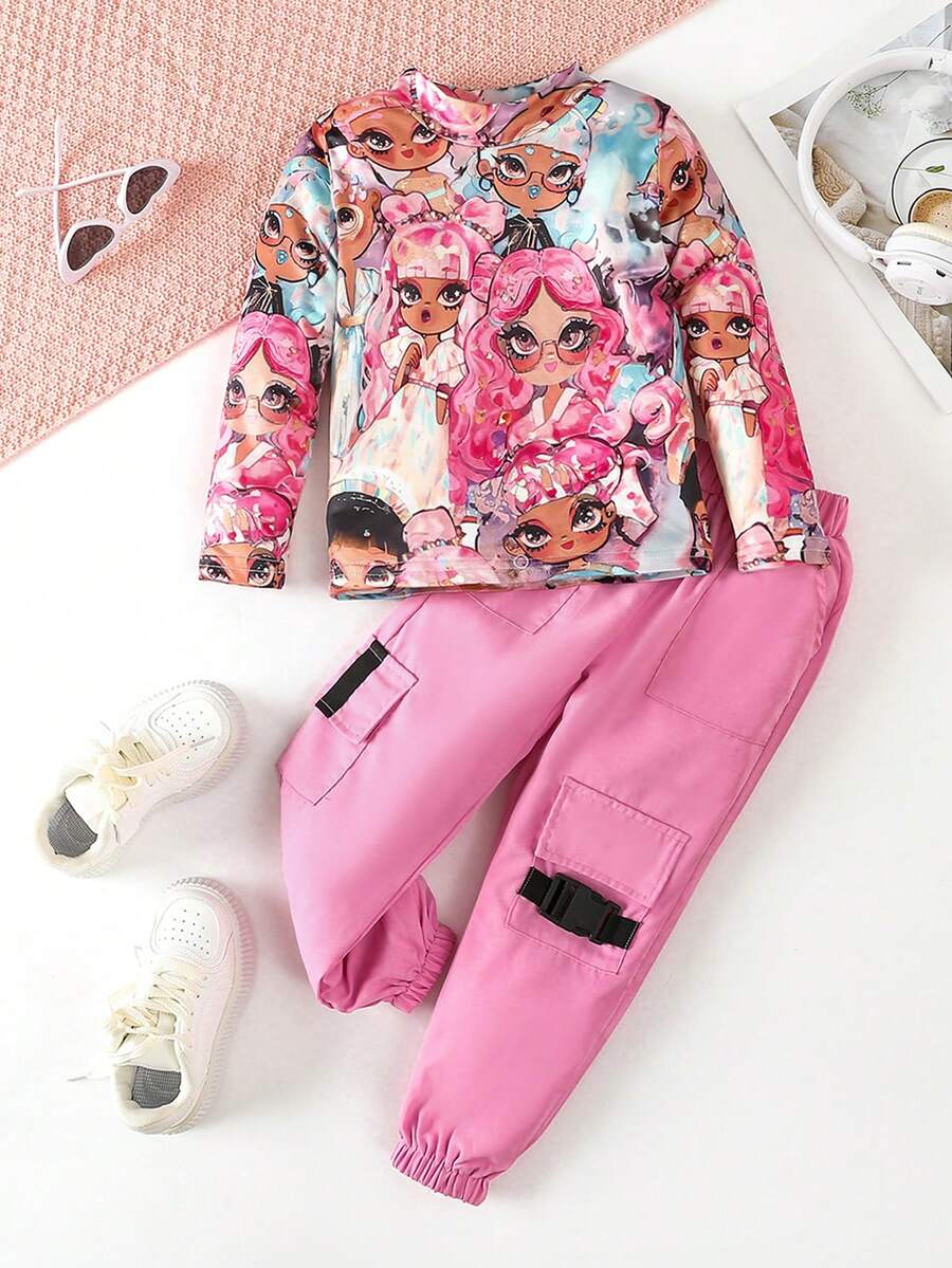 SHEIN Đồ họa hình cô gái trẻÁo phông & quần có túi nắp - Hồng - Xem 1
