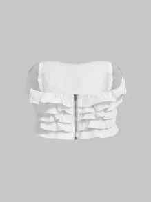 SHEIN MOD Plus Ruffle Trim Tube Denim Top - White - View 2