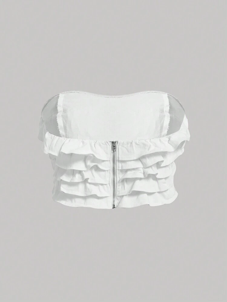 Plus Ruffle Trim Tube Denim Top