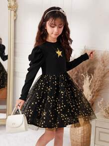 SHEIN 女大童星星亮片羊腿袖網紗邊洋裝 - 彩色 - 查看 1