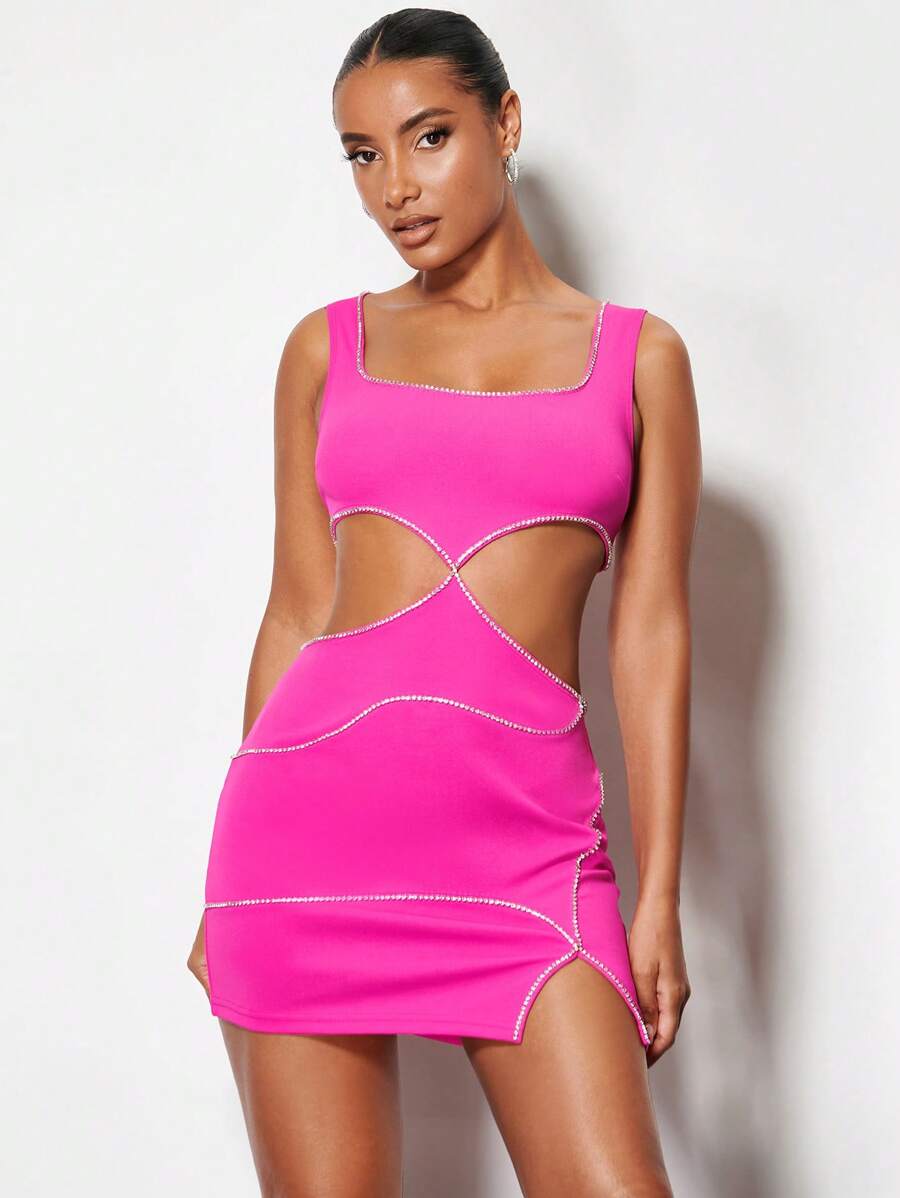 SHEIN BAE Cut Out Rhinestone Trim Split Hem Bodycon Dress - Hot Pink - View 1